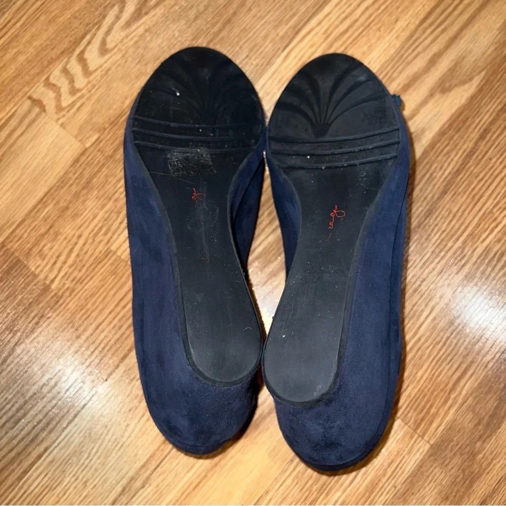Pas‎ de Rouge Blue Suede 2.5” wedge Heels with rosette bows